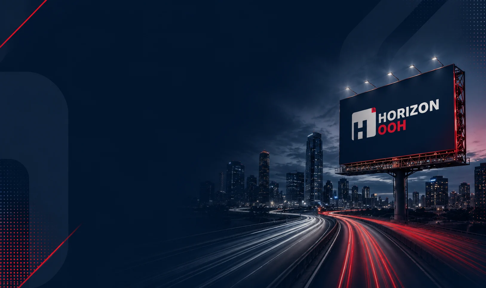 Illuminated HORIZON OOH billboard overlooking a city highway at dusk